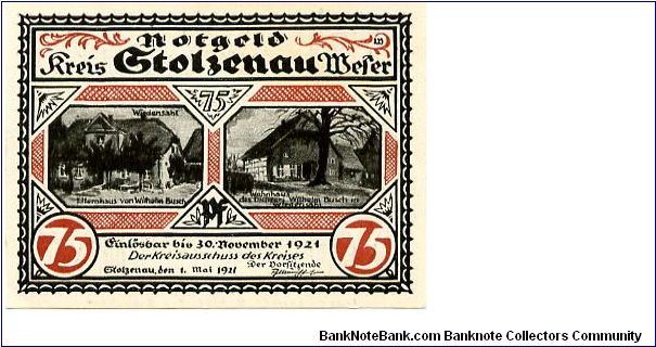 Germany
Gtolzenau Notgeld 30 Nov 1921
75pf Red/Black
Front 2 Pictures of town houses & text
Rev Value down both edges central cartoon of meeting in a bar Banknote