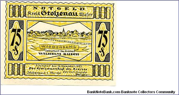 Germany
Gtolzenau Notgeld 30 Nov 1921
75pf Yellow/Black
Front Rural scene
Rev Scrollwork frame central cartoon of meeting in a bar Banknote