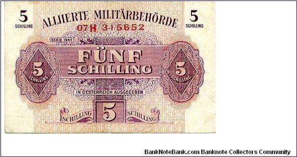 Austrian Millitary Currency Series 1944
5s Purple /Red Serial #
Front Fancy Cachet Value in Numerals & German
Rev Fancy Cachet Value in Numerals 
Watermark Wavy Lines Banknote
