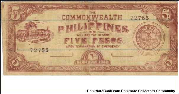 S-408b Commonwealth of the Philippines 5 Pesos note on ruled ledger paper. Banknote