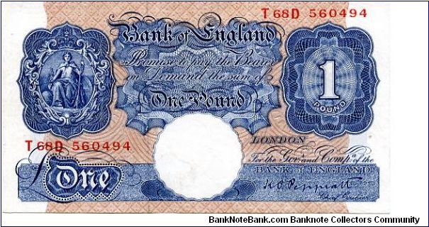 Brittania series A

Kenneth O Peppiatt 1934-1949 

1940
£1 WWII Emergancy Blue/Pink Note
Metal security Thread
Watermarked with a Helmeted Head Banknote