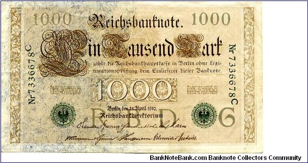 Germany 
Berlin 21 Apr 1910
1000M Brown
Green Seal
Front Scrollwork Value in Center
RevFancy Frame 2 female figures standing either side of the German Eagle
Watermark cant make one out Banknote