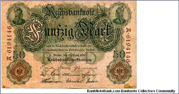 Germany
Berlin 4 Aug 1922
50M Pink/Green
Brown seal
Front Scrollwork & value in center Heads in both top corners
Rev Fancy cachets on each  central edge Value in center
Watermark cant see one? Banknote