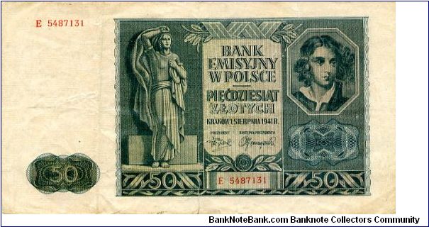 German Occupation

Krakow 1 Sep 1941
50z Blue/Cream
Front Female Statue, writting in center, Female head
Rev Palace?
WatermarkHead of Polish Pesant Banknote