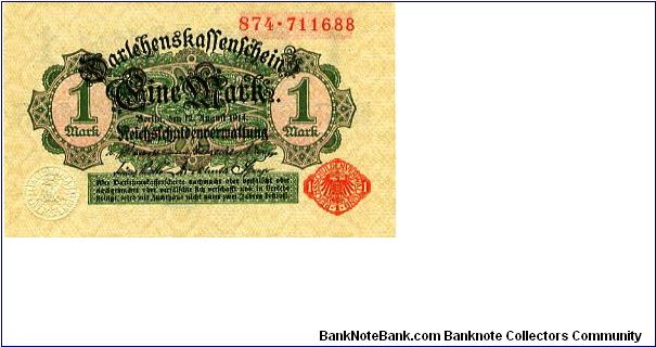 Germany
Berlin 12 Aug 1914
1M Red/Black
Embossed & Red seal
Front value each side of central fancy cachets
Rev Value each side of central Eagle
Watermark Interlaced Diamonds Banknote