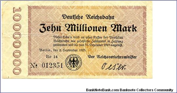 Germany
Berlin 2 Sep 1923
10000000M Buff/Black
Black seal
Front Frame & value down 1 edge
Rev Uniface
Watermark Interlaced Diamonds Banknote