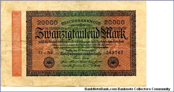 Germany
Berlin 20 Sep 1923
2000M Red/Green/Black
Black seal
Front Scrollwork & value down 1 edge
Rev Fancy Scrollwork, Value in center
Watermark Interlaced Diamonds Banknote