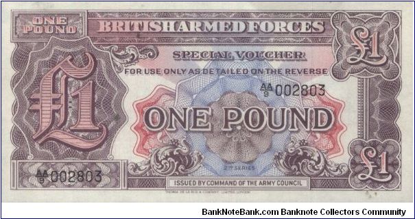 AA series  no:AA/9 002803

Obverse:British Armes Forces,Special Voucher 2nd Series

Reverse:1 pound

Printed by Thomas De La Rue Company Limited,london.

OFFER VIA EMAIL Banknote