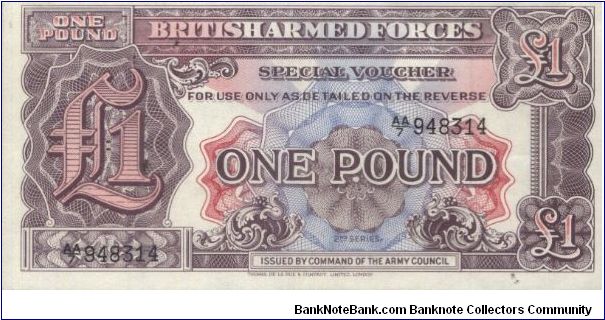AA series  no:AA/7 948314

Obverse:British Armes Forces,Special Voucher 2nd Series

Reverse:1 pound

Printed by Thomas De La Rue Company Limited,london.

OFFER VIA EMAIL Banknote