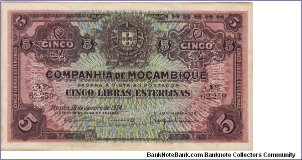 KM#R32 Companhia de Moçambique 5 Libras 1934, punched Pago 5/11/1942 Banknote