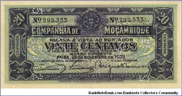 KM#R29 Companhia de Moçambique 20 Centavos 1933, punched Pago 5/11/1942 Banknote