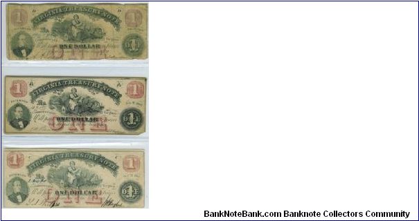 3 Virginia treasury notes, top in worse condition, middle okay, while the bottom is an near Unc example. Banknote