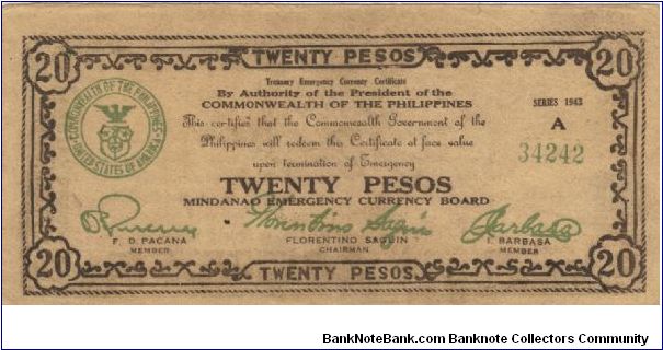 S-489c Mindanao 20 Pesos note, countersigned Oteyza. Banknote