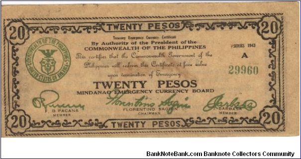 S-489b Mindanao 20 Pesos note, Countersigned Barbasa, W/O stamped title. Banknote