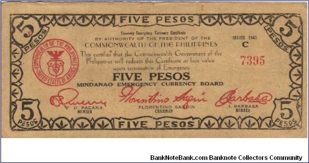 S-487c Mindanao 5 Pesos note, countersigned Oteyza. Banknote