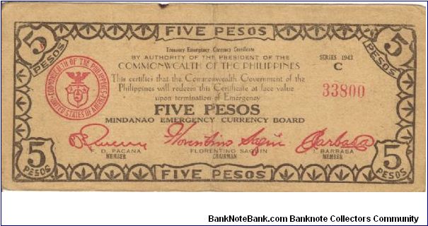 S-487a Mindanao 5 Pesos note, countersigned Pacsna. Banknote