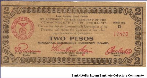 S-486b Mindanao 2 Pesos note, countersigned Barbasa W/O stamped title. Banknote