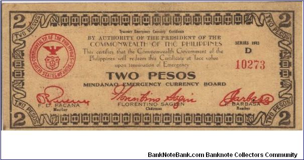 S-486a Mindanao 2 Pesos note, countersigned Pacana. Banknote