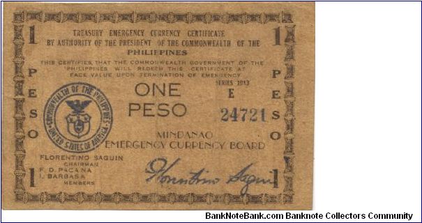 S-485e Mindanao 1 Peso note, countersigned Roa. Banknote