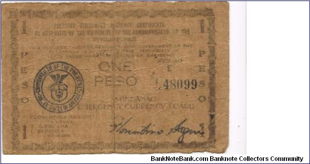 S-485d Mindanoa 1 Peso note, countersigned Dagandan. Banknote