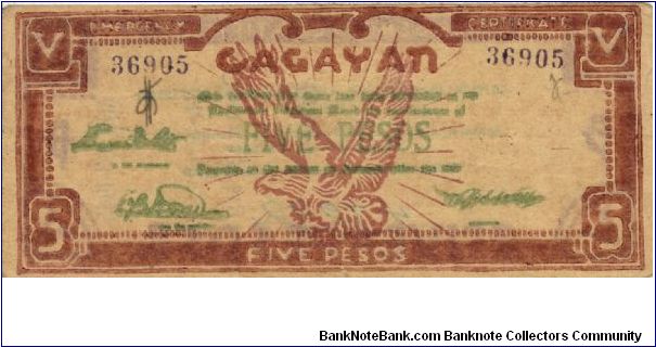 S-191b Cagayan 5 Pesos note, Manila paper. Banknote