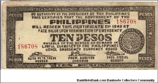 S-144b Bohol 10 Pesos note, white paper. Banknote