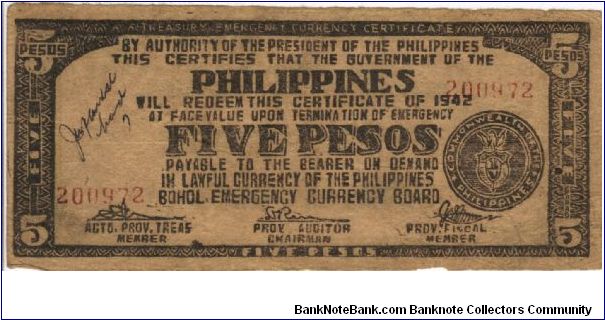 S-143b Bohol 5 Pesos note. Banknote