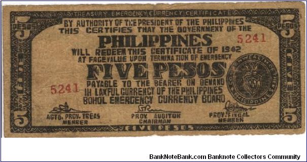 S-136b Bohol 5 Pesos note. Banknote