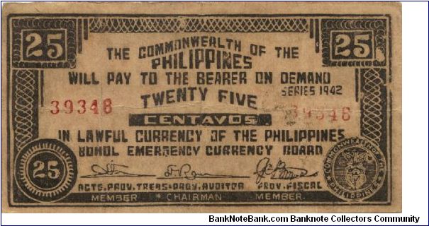 S-132e Bohol 25 centavos note. Banknote