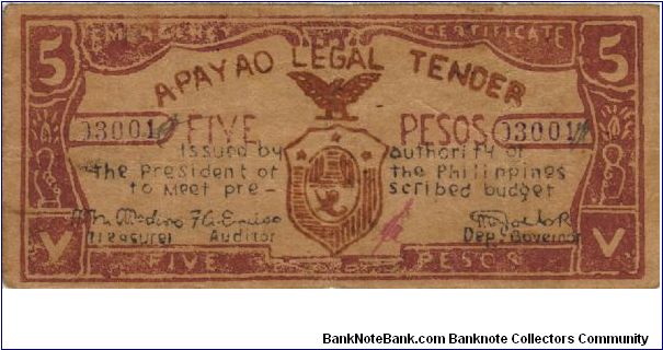 S-114b Apayao 5 Pesos note, manila paper. Banknote