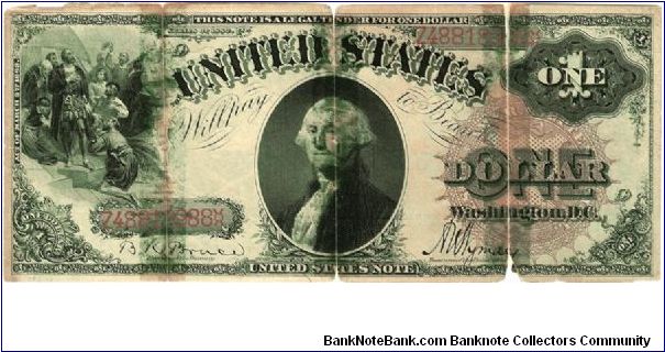 1880 United States notes. It is in 3 bits, taped together but the paper is still crisp. I would assume this was folded, hidden in a book, and then unfolded after it was there a long time and became brittle. Banknote