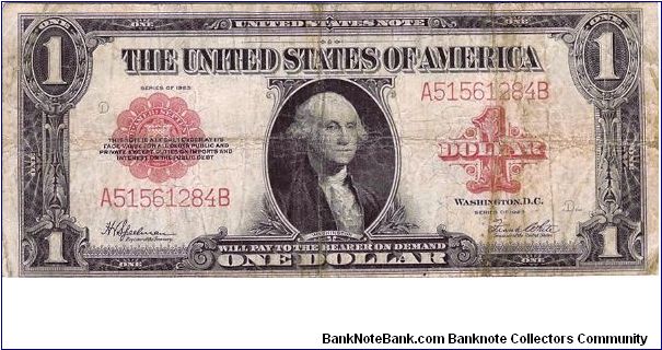 A 1923 United States note. Exactly like the silver sertificate note of the same year, but has a red seal and is much harder to find in nice shape. Borderline fine. Banknote