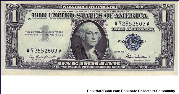 1957 Silver Certificate. This note has a nice error smudge on the reverse starting in the first L of dollar, and ending in the E of one. Nice crisp Unc. Banknote