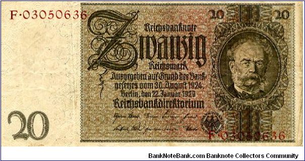 Berlin 22 Jan 1929
20M Brown/Olive/Red
Black Seal
Front Serial # Top corner Value below2/3 Framework Value in Center, Mans Head in Cachet
Rev Frame 2 Cherubs either side of the Cachet with Malee Head in it, Value in corners
Watermark Interlocking Diamonds Banknote