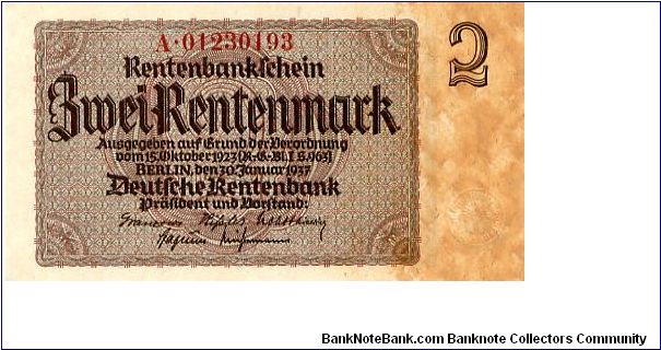 Berlin 10 Jan 1937
2 Rentenmark Olive/Red
White Seal
Front 2/3 Framework Value in Center, Value top corner
Rev Value top corner, 2/3 Framework 3 consentric circles sheaf of wheat in center & value in 1st/3rd
Watermark X's Banknote