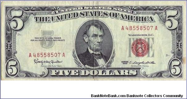 1963 $5 United States Note, red seal. Banknote