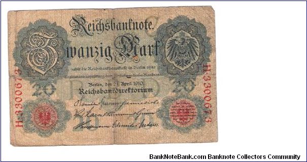 GERMANY 2O MARK
1 OF 5 DATED 1910
# H 3300673 Banknote