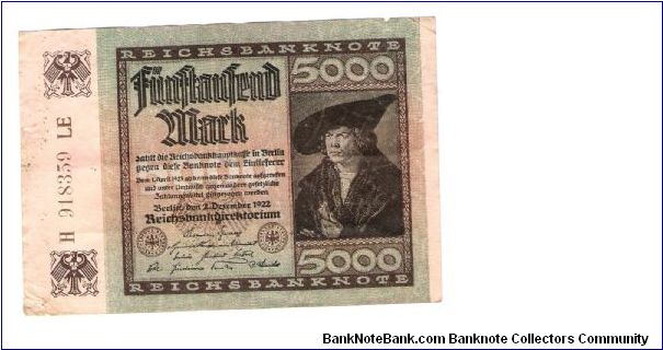 GERMANY
5000-MARK
LARGE SERIEL NUMBER
H 918359 LE

13 OF 17 Banknote