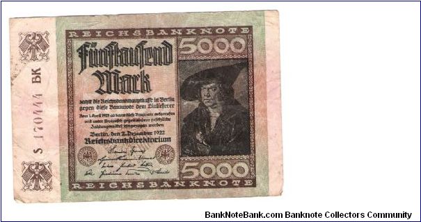 GERMANY
5000-MARK
LARGE SERIEL NUMBER
S 170444 BK
14 OF 17 Banknote