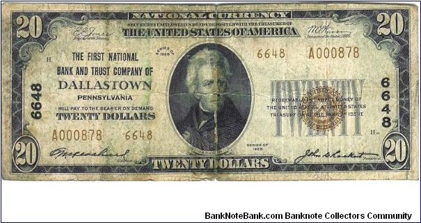 1929 National Currency. Once again, I purchased this nearly 12 years ago, and prices, even in this poor shape, are through the roof. From Dallastown, a small town in York, PA. It's companion town RedLion is much harder to find. Banknote