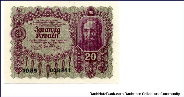 Vienna 2.1.1922
20 Kronen
Purple/Olive
Front Fancy designs, Value center left, Mans Head with value above & below
RevVery elaborate designd frame  value inner corners of frame, writting at center 
Watermark  No Banknote
