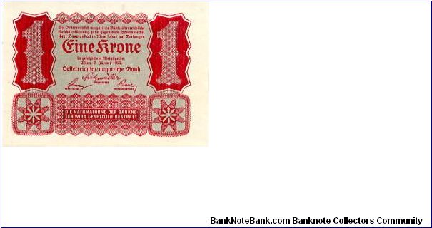 Vienna 2.1.1922
1 Krone 
Red
Front Value at each side above a Eidelwise, Writting in center
Uniface
Watermark  No Banknote