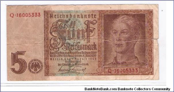 GERMANY
5-MARK
1 OF 4
SERIEL NUMBER
Q-16005333 Banknote