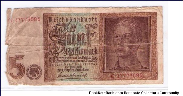 GERMANY
5-MARK
4 OF 4
SERIEL NUMBER
G-17773585 Banknote