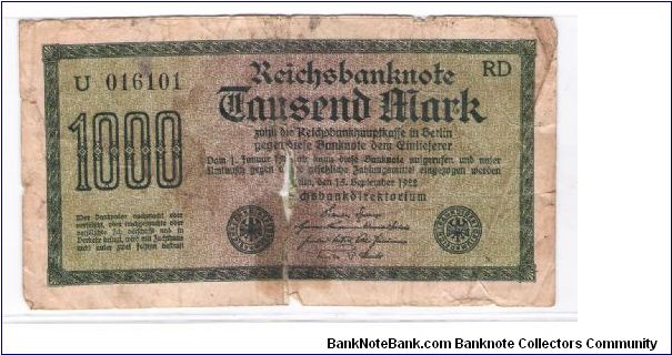 GERMANY
1000-MARK
2 OF 2
# U 016101  RD Banknote