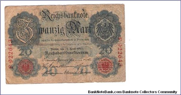 GERMANY 20 MARK
2 OF 5 DATED 1910
# F 922643 Banknote