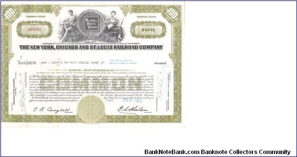 THE NEW YORK, CHICAGO, AND ST.LOUIS RAILROAD COMPANY STOCK CERTIFICATE
FOR 100 SHARES

PRINTED BY THE COLUMBIAN BANK NOTE COMPANY

# H64548 Banknote
