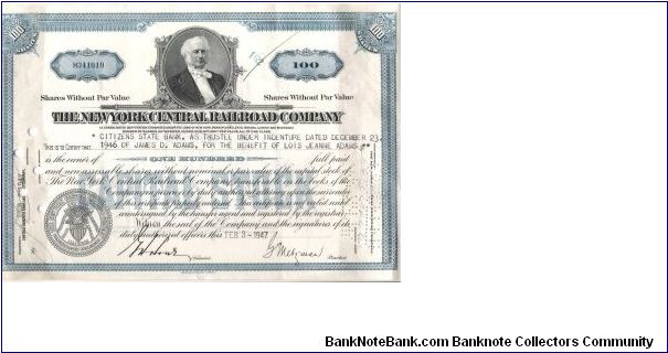 THE NEW YORK CENTRAL RAILROAD COMPANY STOCK CERTIFICATE FOR 100 SHARES
# H 341019

PRINTED BY THE 
AMERICAN BANKNOTE
COMPANY Banknote