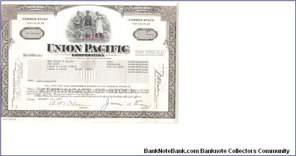 UNION PACIFIC
CORPORATION STOCK CERTIFICATE FOR 16 SHARES
# EX 088184

PRINTED BY THE AMERICAN BANK NOTE COMPANY Banknote