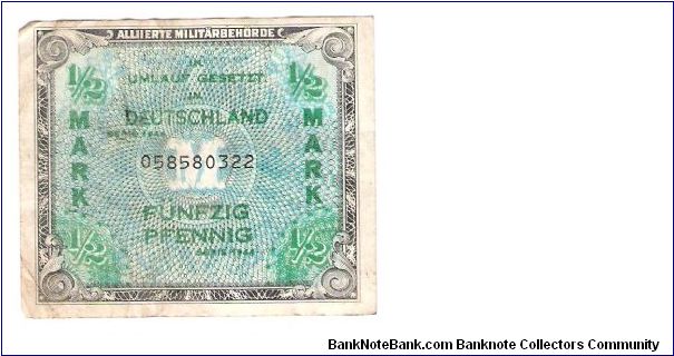 ALLIED MILITARY CURRENCY
SERIEL # 058580322
GERMAN 1/2 MARK Banknote